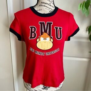 Flavor Y2K Vintage Bad Monkey University “BMU” Graphic Ringer Tee Red Sz L